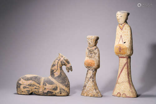 A Group of Two Painted Gary Pottery Figures and A Horse, Han...