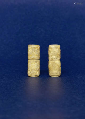 A Pair of Opaque Cong-Form Tubular Jade Beads