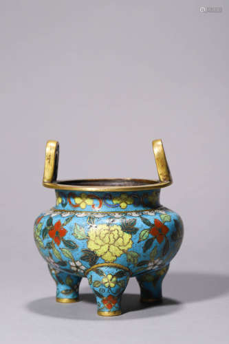 A Cloisonne Enamel Floral Tripod Censor, Jiajing Mark