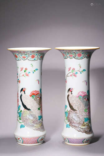 A Large Pair of Famille Rose Pheasant Gu Vase 18th Century