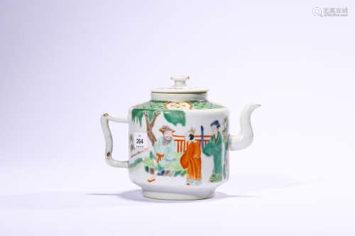 A Wucai Figure  Teapot Late Qing or Minguo Perid