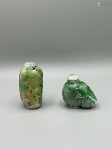 Two Carved Jadiete Snuff Bottle, Late Qing Dynasty