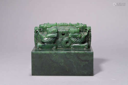 A Large Imperial Spinanch Green Jade Twin-dragon Seal