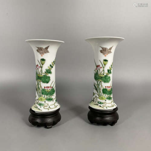 A Pair of Famile Rose Lotus Gu Vases, 19-20th Century