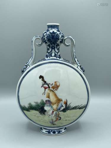 A Famille Rose and Blue and White Moon Figure Flask, Republi...