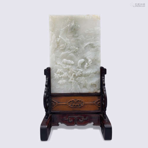 An Inscriped Celadon Pale Jade Table Screen