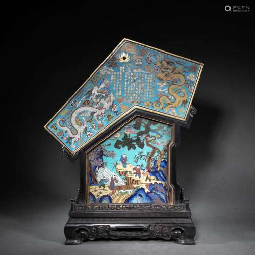 CHINESE COPPER GILDED ENAMEL TABLE SCREEN, QING DYNASTY