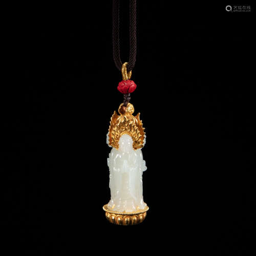 CHINESE JADE BUDDHA INLAID WITH GOLD, QING DYNASTY