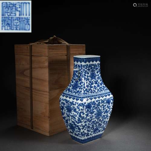 CHINESE BLUE AND WHITE PORCELAIN TWO-EAR SQUARE VASE, QING D...
