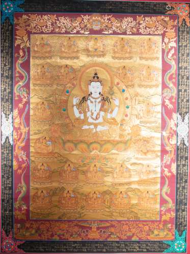 CHINESE TIBET PAINTED GOLD FOUR-ARM GUANYIN THANGKA, QING DY...