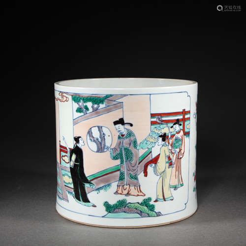 CHINESE MULTICOLOURED PORCELAIN FIGURE PEN HOLDER, QING DYNA...