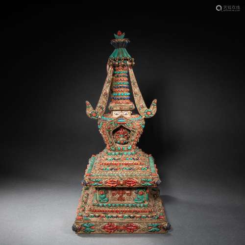 CHINESE TIBET STERLING SILVER INLAID GEM PAGODA, QING DYNAST...