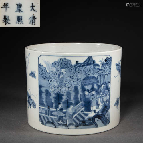 CHINESE BLUE AND WHITE PORCELAIN FIGURE PEN HOLDER, QING DYN...