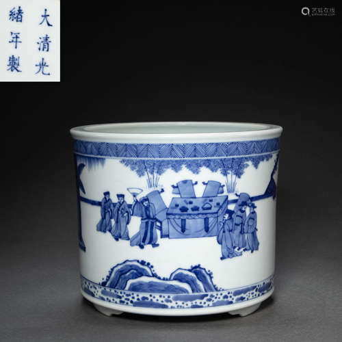 CHINESE BLUE AND WHITE PORCELAIN PEN HOLDER, QING DYNASTY