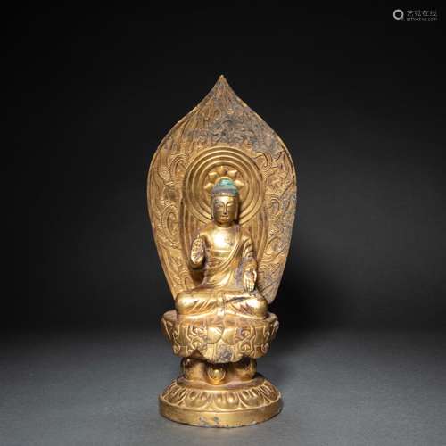 CHINESE GILT BRONZE STATUE OF SHAKYAMUNI BUDDHA, TANG DYNAST...