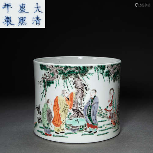 CHINESE MULTICOLORED PORCELAIN FIGURE STORY PEN HOLDER, QING...