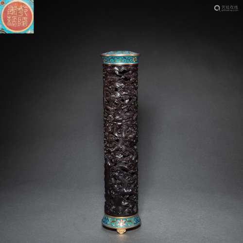 CHINESE ROSEWOOD SILK - PINCHED ENAMEL INCENSE TUBE, QING DY...