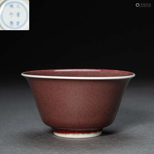 CHINESE RED-GLAZED PORCELAIN TEACUP, QING DYNASTY