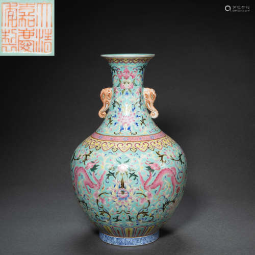 CHINESE FAMILLE ROSE PORCELAIN ELEPHANT EARS BOTTLE, QING DY...