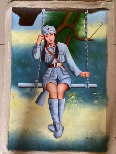 Zhang Dazhong Inscription, Woman Soldier, Oil Painting