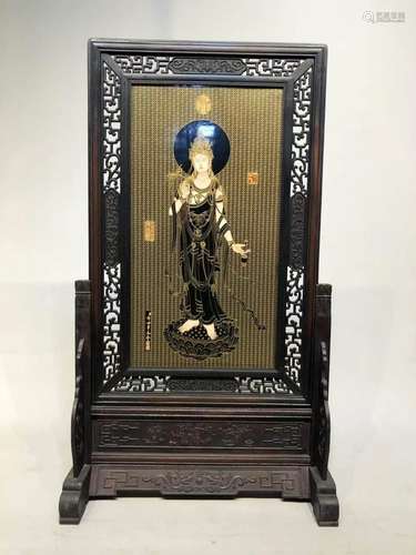 Rosewood Frame, Enamel Glazed Buddha Porcelain Panel Paintin...