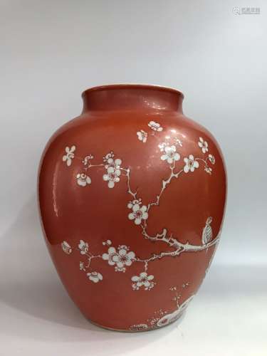 Qing Dynasty Jiaqing Period, Alum Red Bird Plum Porcelain Ja...
