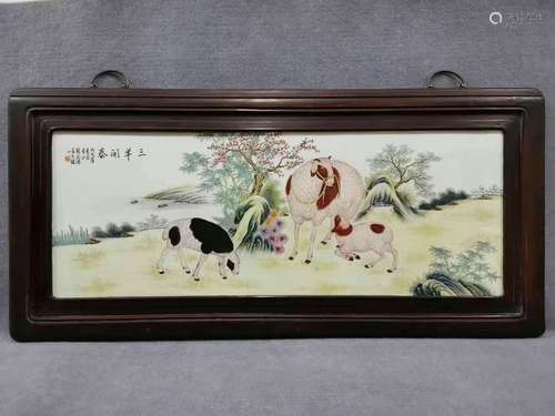 Zhang Zhitang Mark,Famille Rose Glazed Rosewood Frame Porcel...