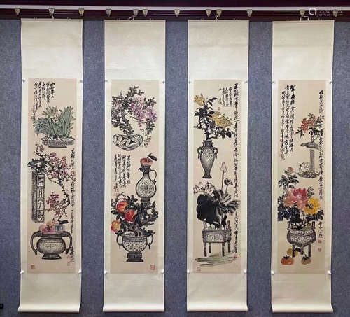 Wu Changshuo Inscription, 'Flowers' Four Scroll Paintings