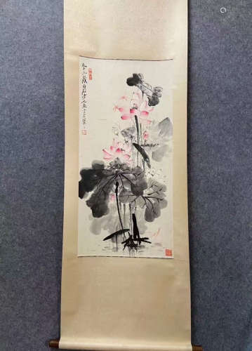 Qi Baishi Inscription, Lotus, Vertical Paper Painting