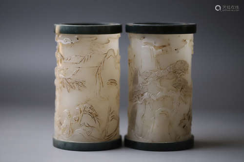 A Pair of White Jade Carved Landscape Brush Pot