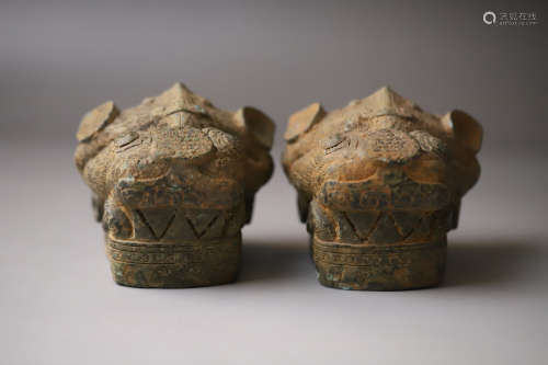 A Pair of Bronze Beast Head Ornament
