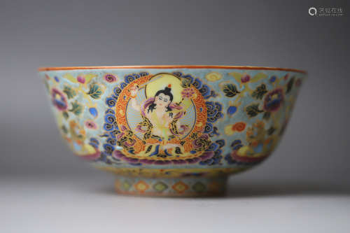A Famille Rose Yellow Base Buddha Pattern Porcelain Bowl