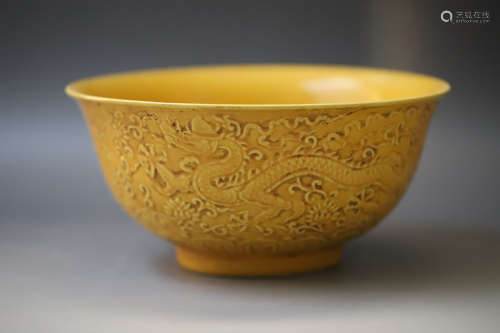 A Yellow Glazed Dragon Pattern Porcelain Bowl