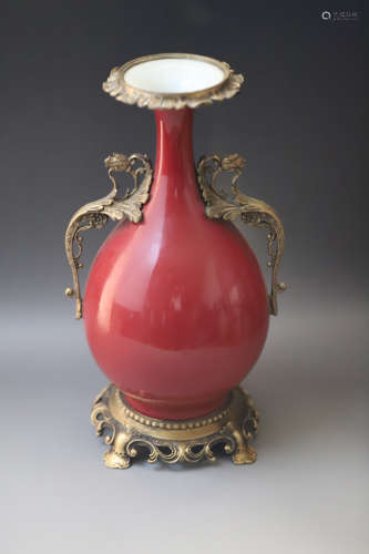 A Red Glazed Porcelain Vase with Bronze Double Ears and Base