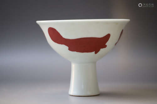 A Red in Glazed Fish Pattern High Foot Porcelain Cup