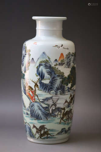 A Famille Rose White Base Deer Pattern Porcelain Vase