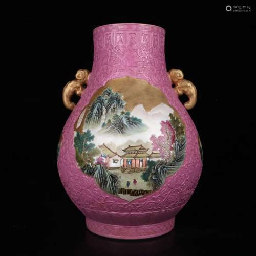 Qing enamel gilt relief vase with two ears