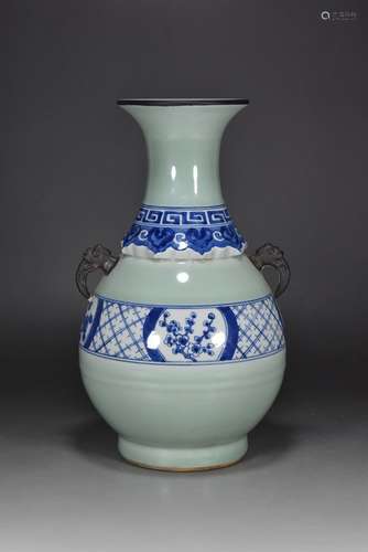 Qing dynasty blue and white double-ear bottle with pea green...