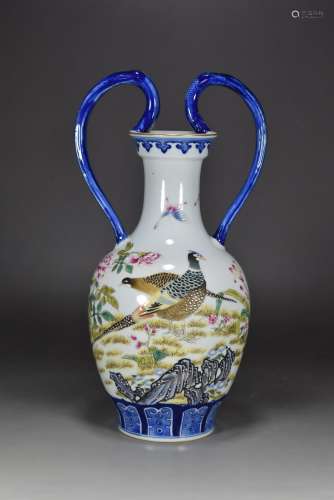 Qing Yongzheng year blue and white with color gilt mouth bin...