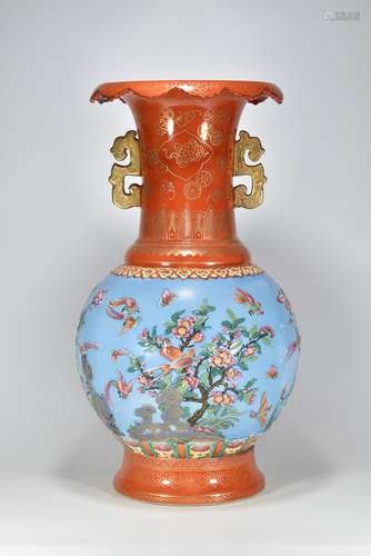 Two-ear vase with flower and bird pattern painted in gold wi...