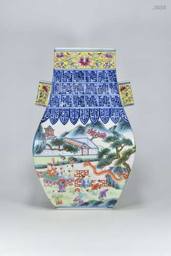 Qing Qianlong year blue and white plus color baby play patte...