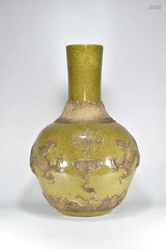 Yellow glaze pile carved dragon pattern appreciation bottle