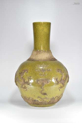 Yellow glaze pile carved dragon pattern appreciation bottle