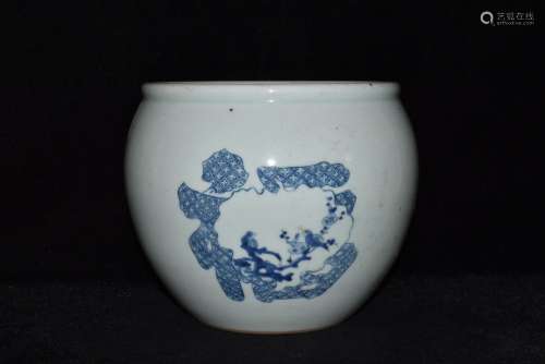 Qing Kangxi year blue and white Fu Lu Shou grain cylinder