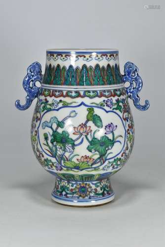 Qing Dynasty Kangxi years bucket color binaural bottle