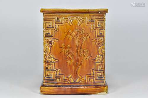 Qing Dynasty carved porcelain paste and glaze square pen hol...