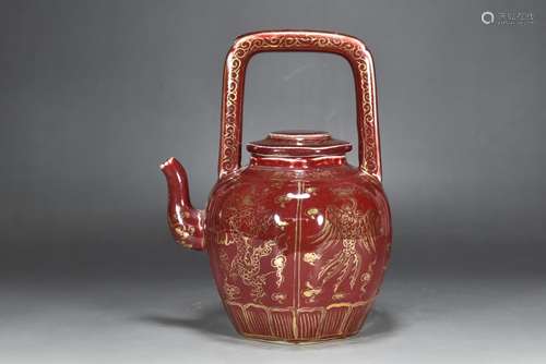 Ming xuande year red glaze painted gold dragon and phoenix p...