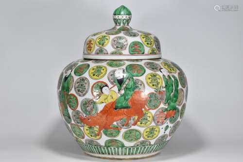 Daming Jiajing year colorful Wanshou Wujiang grain lid jar
