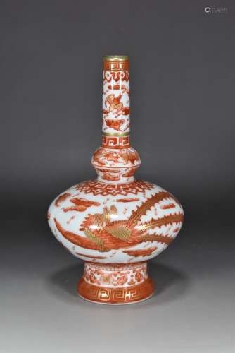 Qing Qianlong year alum red glaze painted gold phoenix bile ...
