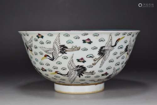 Daqing jiaqing year powder enamel crane bowl